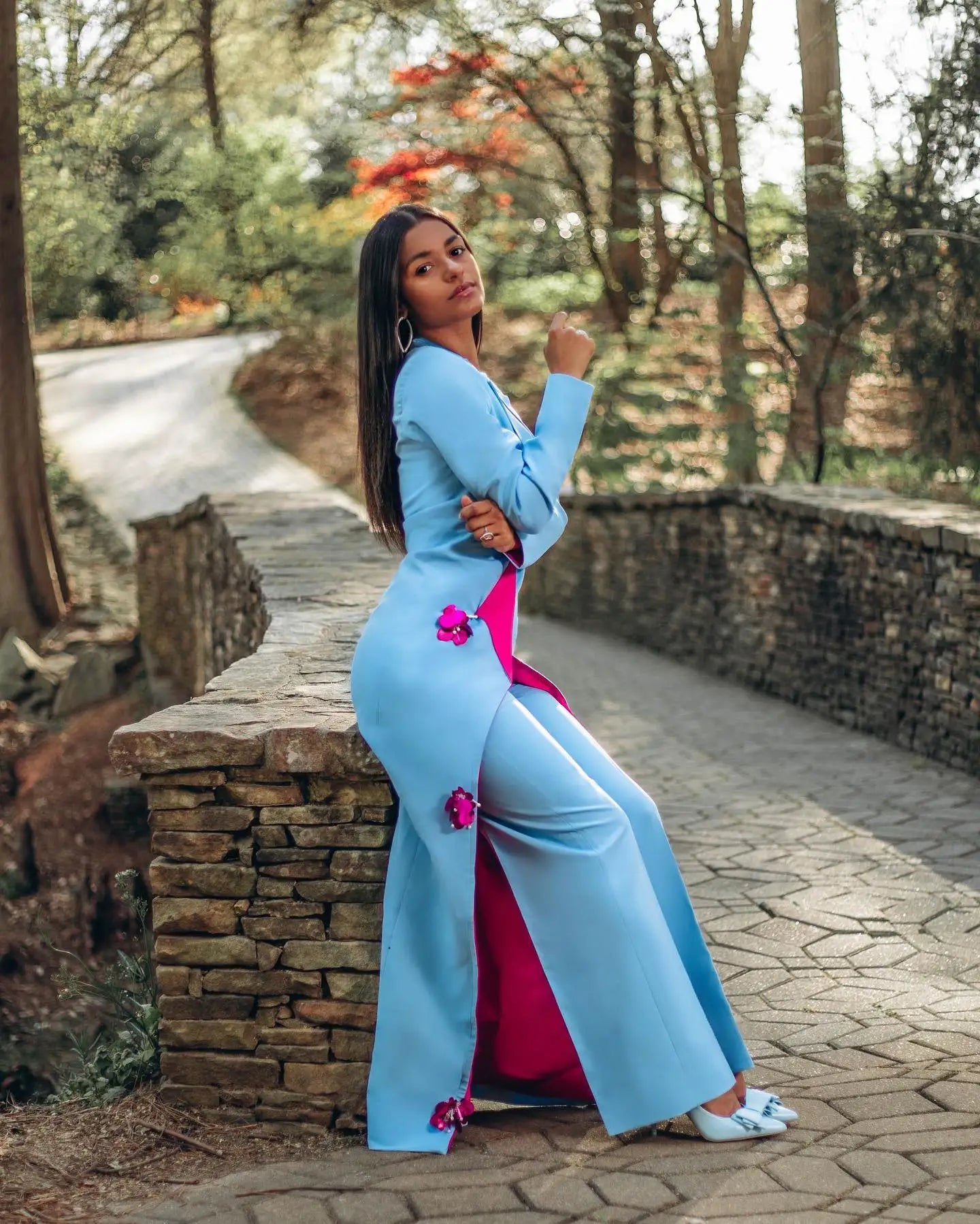 Trajes de pantalón azul cielo para mujer, corte entallado, flores 3D, ropa de calle femenina para oficina, conjuntos de dos piezas de chaqueta larga 