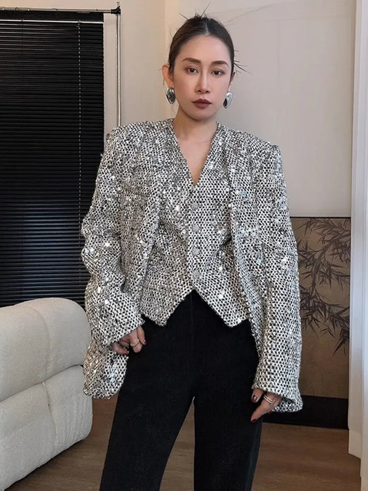 Women Shiny Sequined Tweed Jacket Punk Style Stage Show Mid Long Blazer Suit Coat Loose Fit V Neck Party Outwear Jacket
