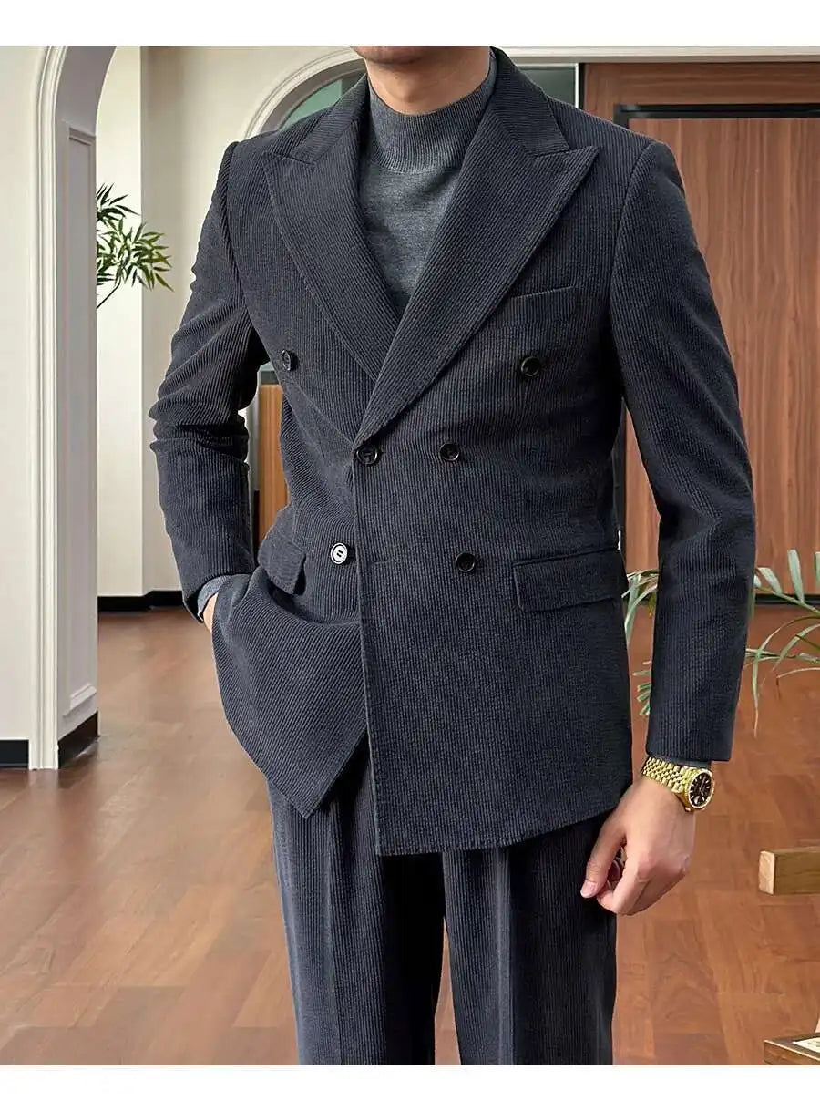 Autumn Thick Corduroy Groom Men Suit Designers Slim Fit Business Casual Double Breasted Suit Set Trend