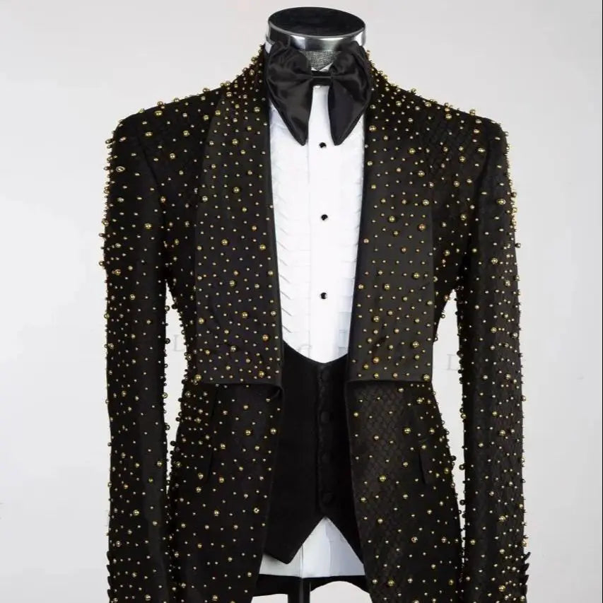Men Suits for Wedding Beaded 2 Pieces Set Coat Shawl Lapel Tailor-Made Groom Blazer One Button Party Customized Jacket Pants