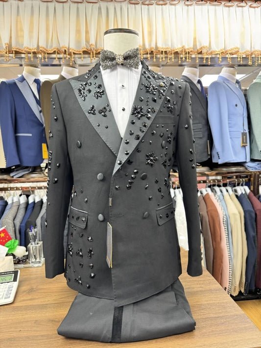 Stylish Men's Suit Peaked Lapel Blazer 2 Pieces Set Coat Crystal Prom Formal Occasion Double Breasted Customized Jacket Pants