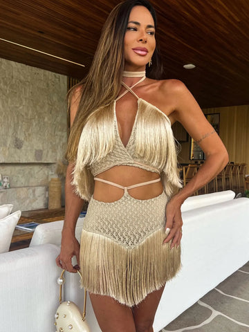 Jupe sexy à franges découpées pour femmes, soutien-gorge en dentelle à licou, mini-jupe à franges, costume de plage, vacances, décontracté, maillot de bain d'été
