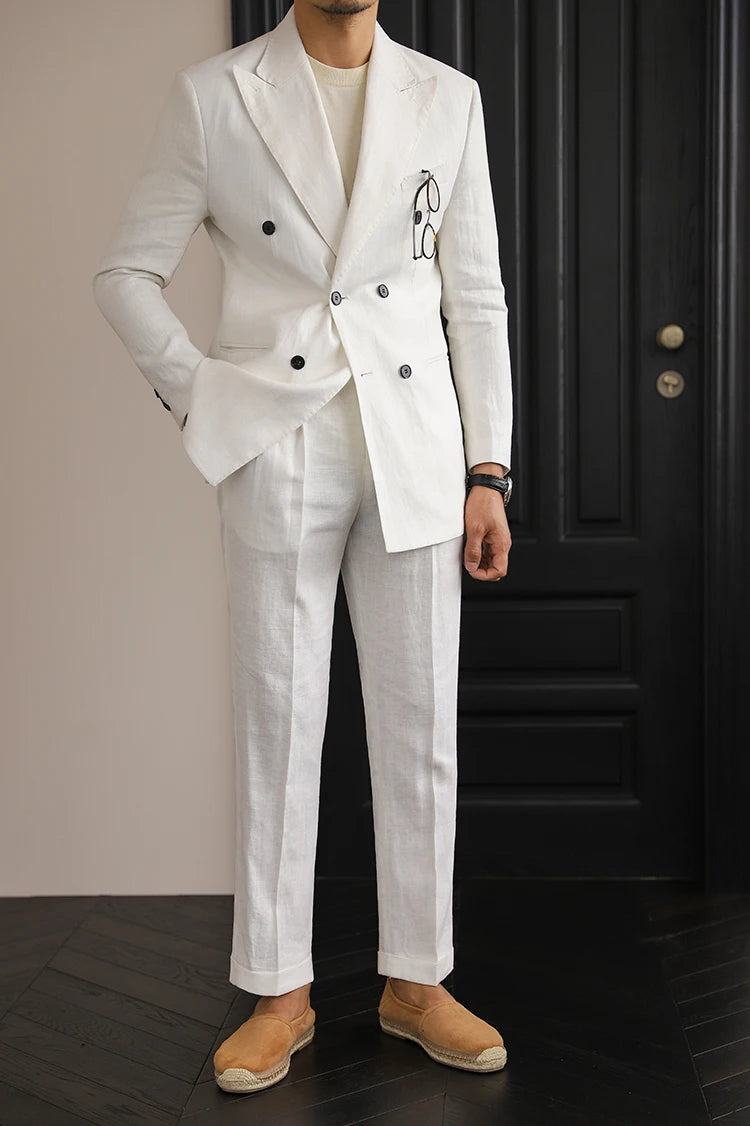 Costume italien croisé en lin de luxe pour homme, polyvalent, coupe slim, col à revers, style rétro, vert et marron, 4 couleurs