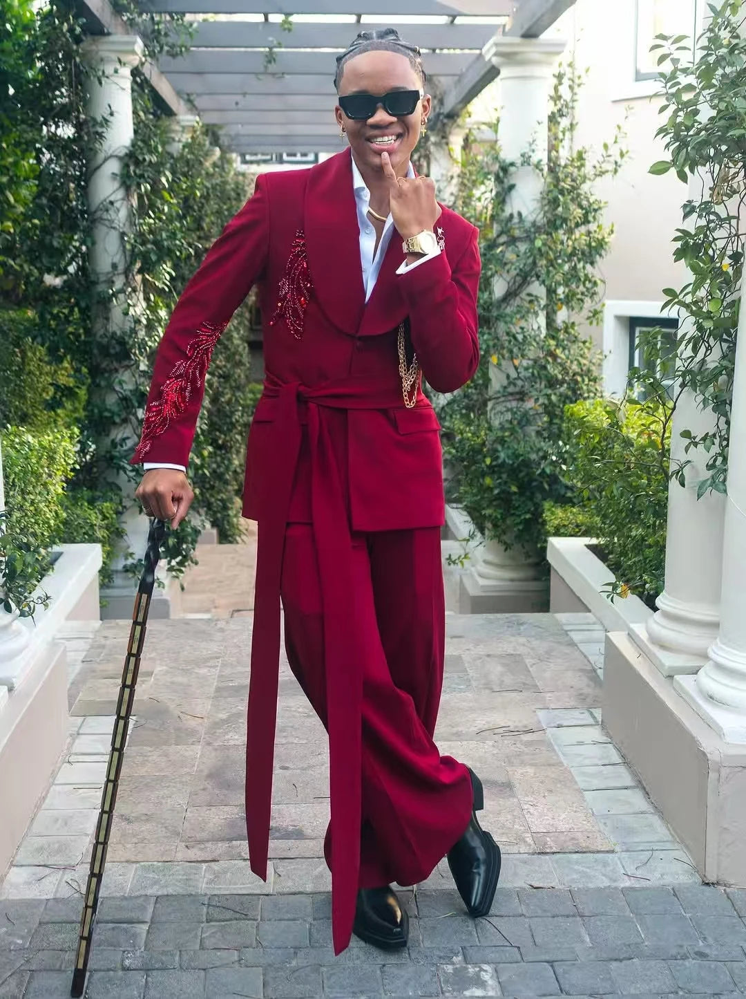 Red Men Suit Set 2 Piece Blazer+Pants Trousers Luxury Stone Crystal Customized Formal Office Jacket Groom Wedding Prom Coat Belt