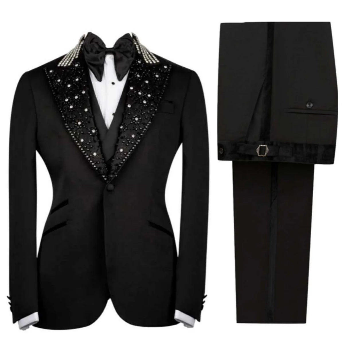 Modrn Wedding Tuxedos 2 PCS Jacket Pants Beaded Men Suit Fashion Crystal Peaked Lapel Single Breasted  Groom Coat Customized