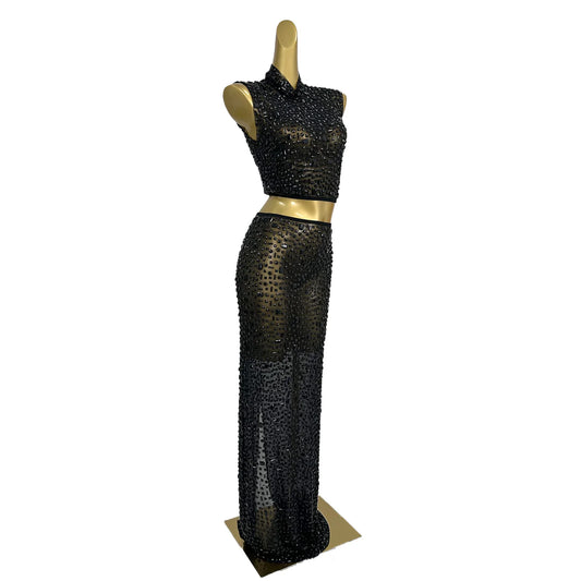 Sparkly Black Diamonds Crop Top Long Skirt 2 Pieces Set Sexy Celebrate Evening Prom Birthday Dress Photo Shoot Wear