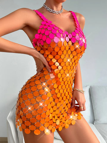 Sexy See Through Metal Sequin Summer Dress Women Club Birthday Evening Short Party Dresses Y2k Clothes Beach Mini Dress Vestidos