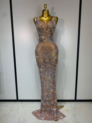 Women Lxury Diamonds Mesh See Through Long Dress Celebrity Elegant Evening Party Fancy Club Dress Singer Performance Costume