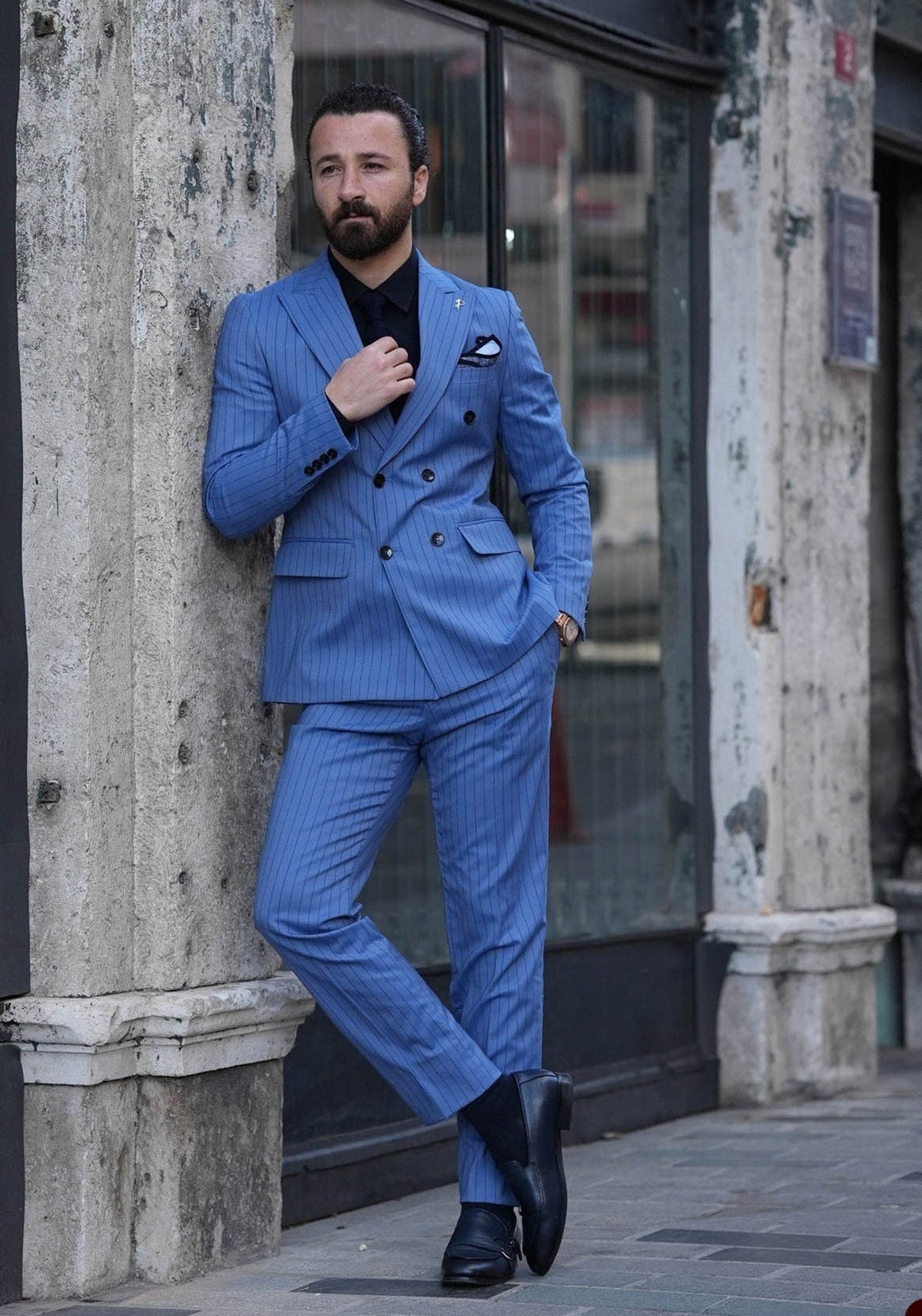 Modern Men's Suit 2 Pieces Blazer Pants Double Breasted Peaked Lapel Business Pinstripes Wedding Groom Tailored Costume Homme