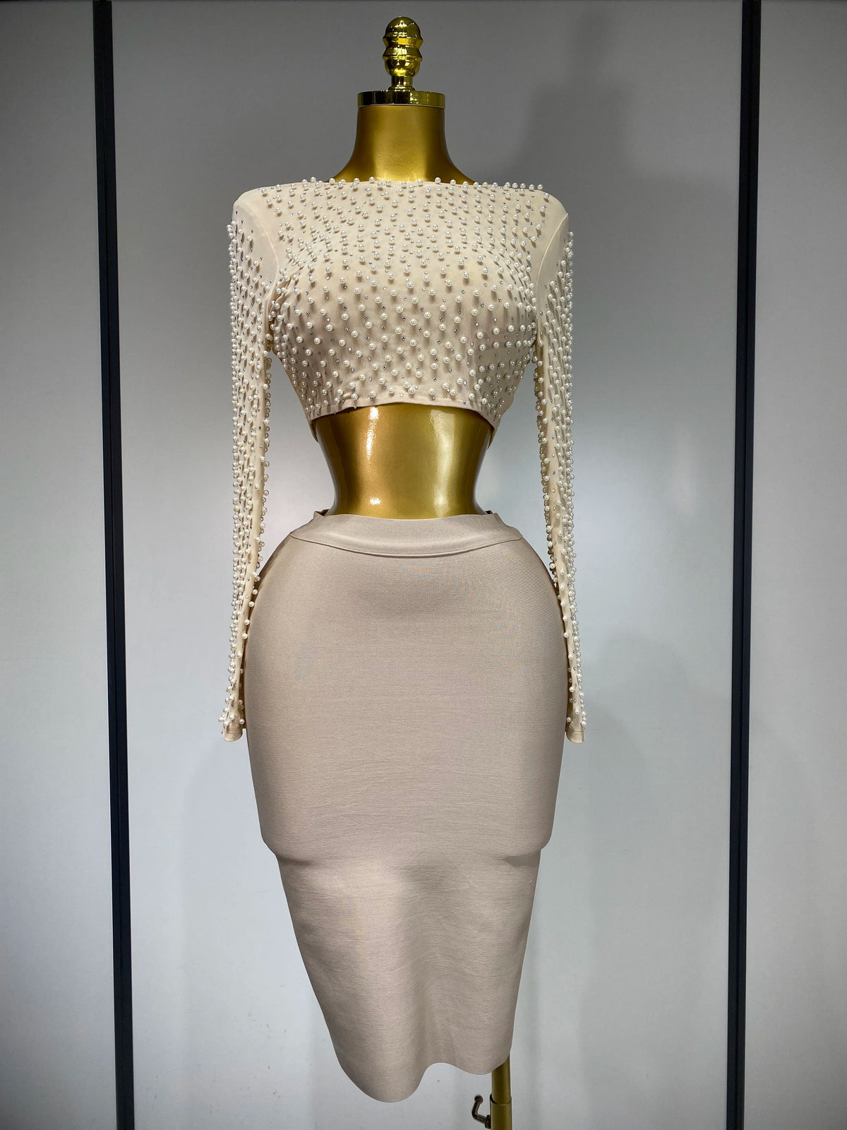 Women Sexy Long Sleeve Mesh Pearl Top Celebrity Midi Women Bandage Set Designer Evening Party Luxury Birthday Two Piece Set