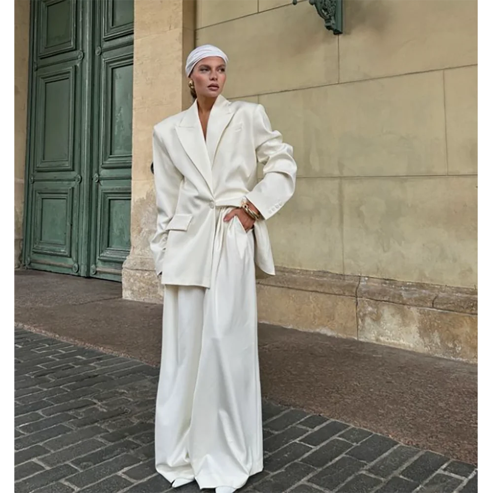 Loose White Single Buckle Women Pants Set New Female Two Pieces(Blazer+Trousers) Conjuntos Femininos Elegantes