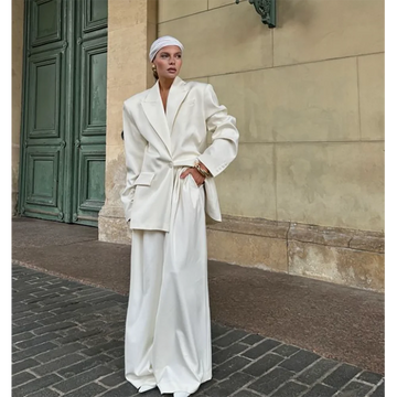 Loose White Single Buckle Women Pants Set New Female Two Pieces(Blazer+Trousers) Conjuntos Femininos Elegantes