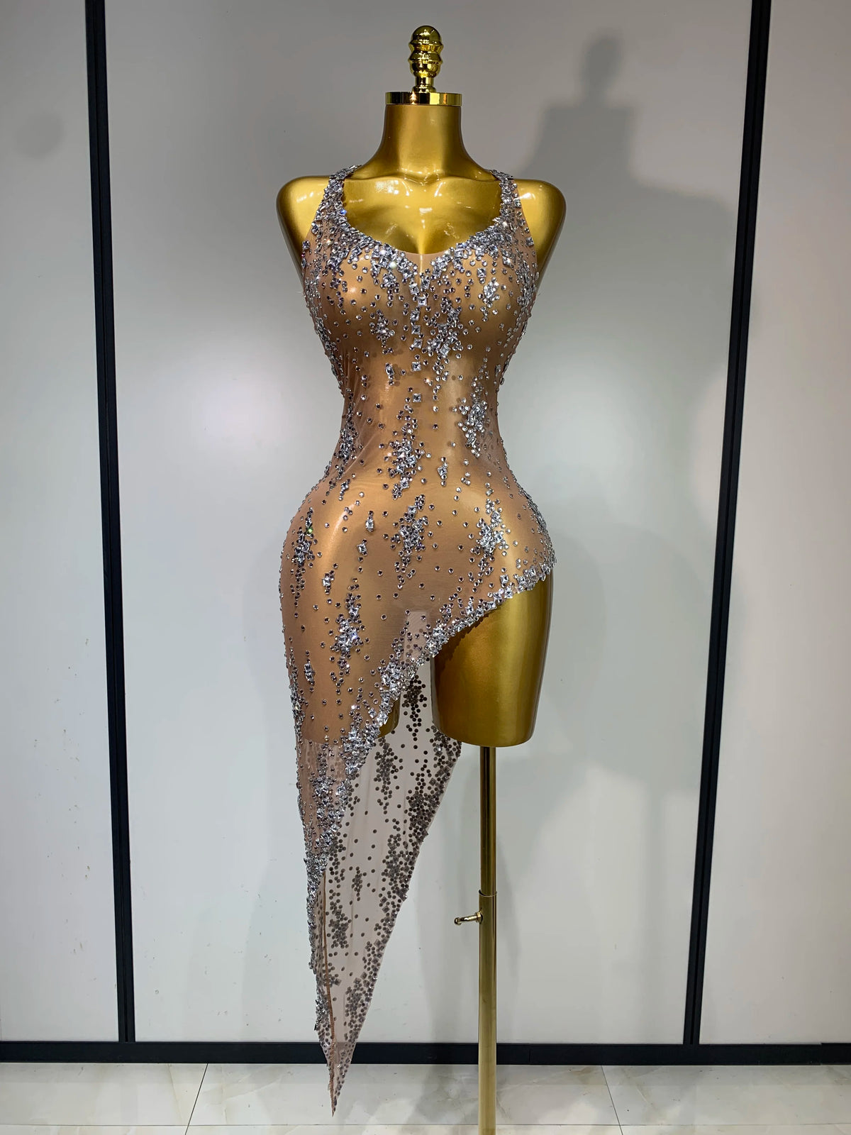Sparkly Crystal Diamond Gold Sexy See-Through Sheath Dress Nightclub Performance Custom Stage Wear Birthday Evening Party Dress