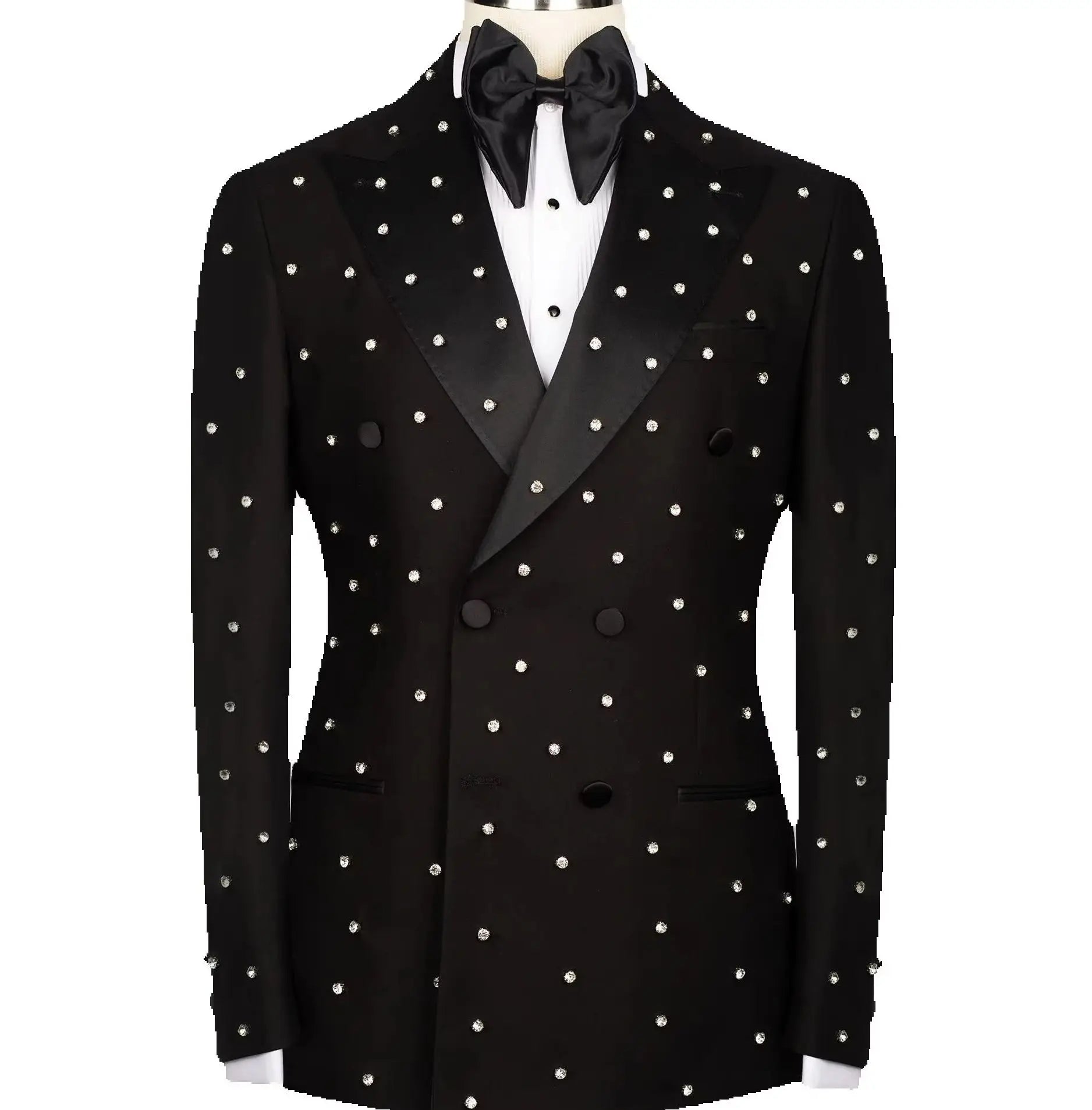 Luxury Black Solid Suits Men For Wedding Sparkly Gemstone Beading Blazer Customized Double Breasted Jacket Pants 2 Piece Tuxedos