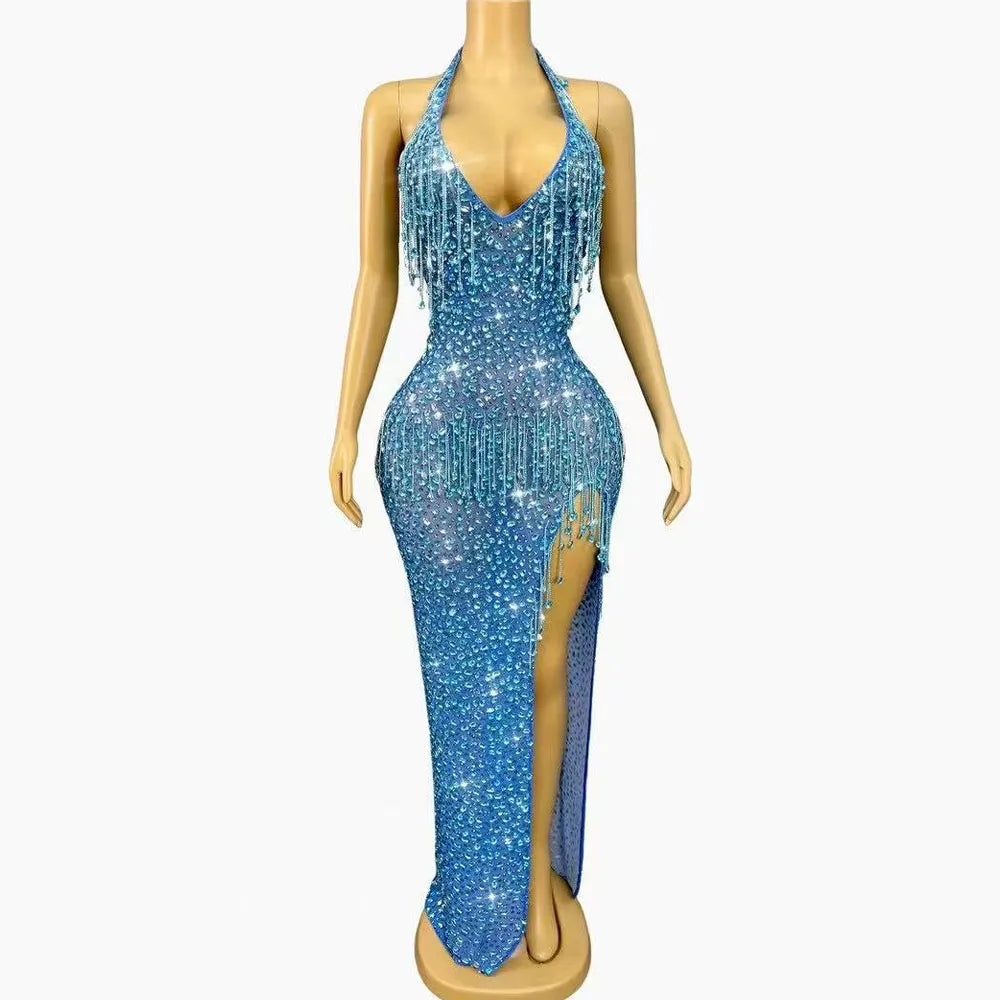 Blue Red Black Rhinestones Crystals Chain Heavy Luxury Gowns Sexy V-neck Backless Dress Women Party Show Photoshoot Stage Wear