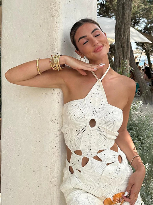 Hollow Out Halter Women Dress Sleeveless Backless Solid Female Mini Beach Dresses 2025 Fashion Knitted Short Lady Slim Vestidos