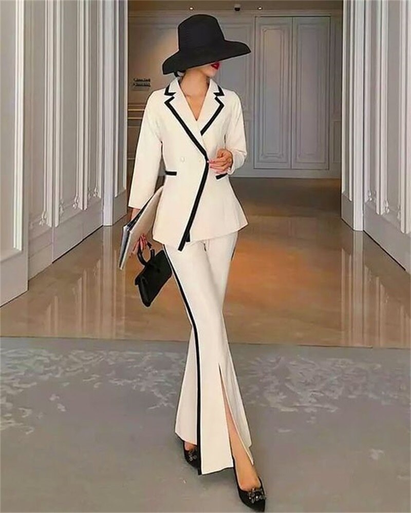 2 Pcs Patchwork Color Women Suit Set Blazer+Pants Formal Business Office Lady Tailored Wedding Tuxedo