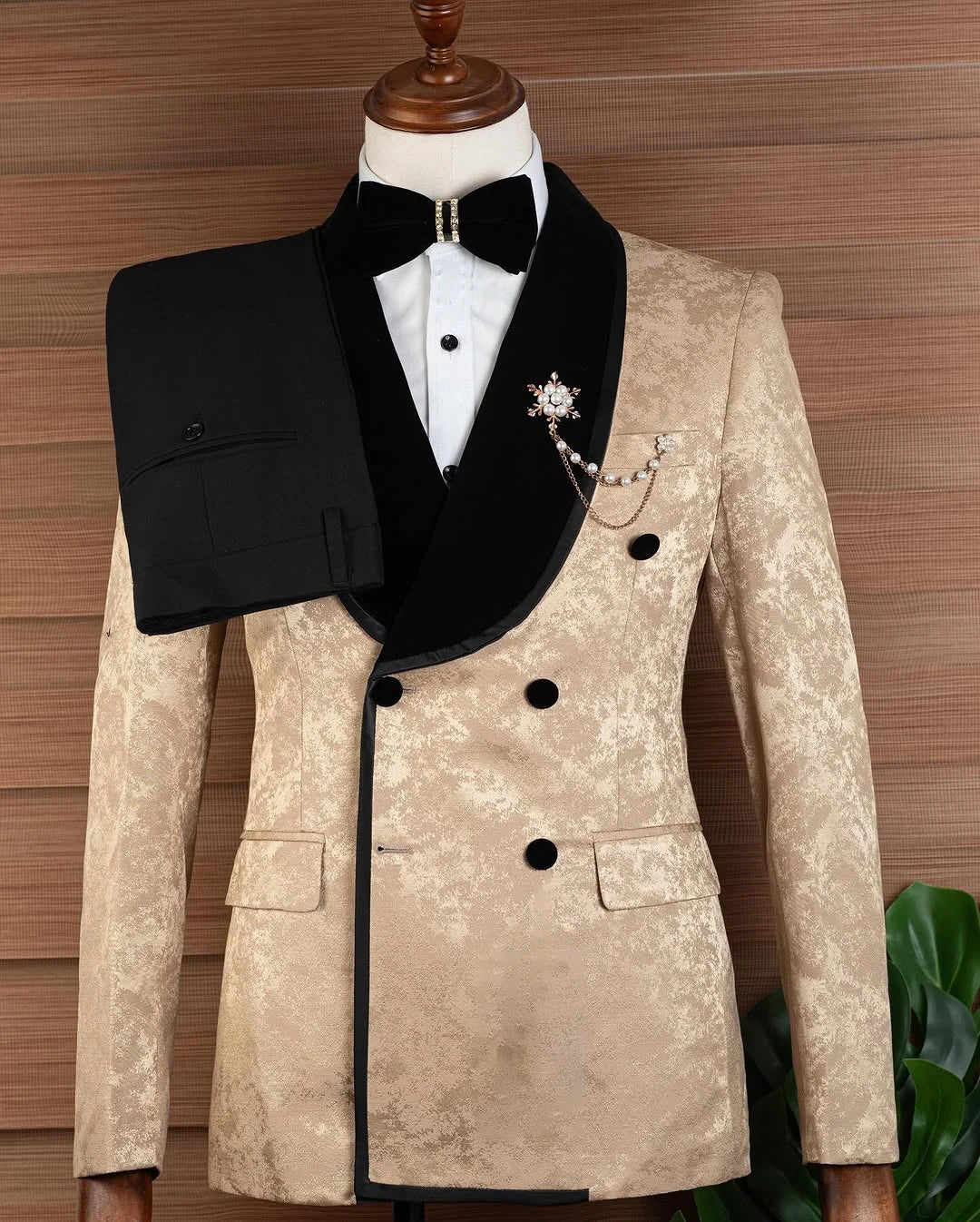 Modern Men Suits Jacquard 2 Pieces Set Tailor-Made Velvet Jacket Shawl Lapel Blazer Double Breasted Groom Customized Coat Pants