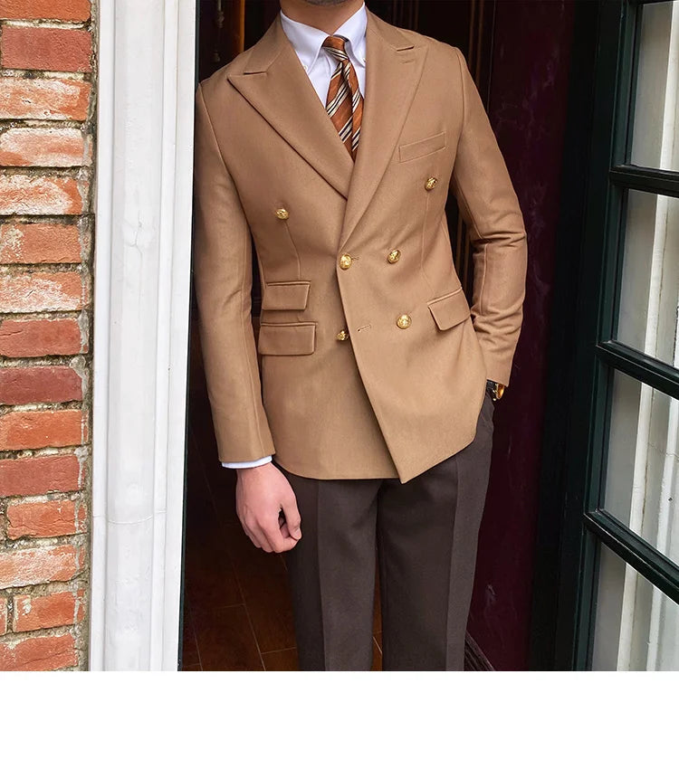Blazer de estilo británico para hombre, traje ajustado de dos piezas con doble botonadura, color liso, informal y moderno.
