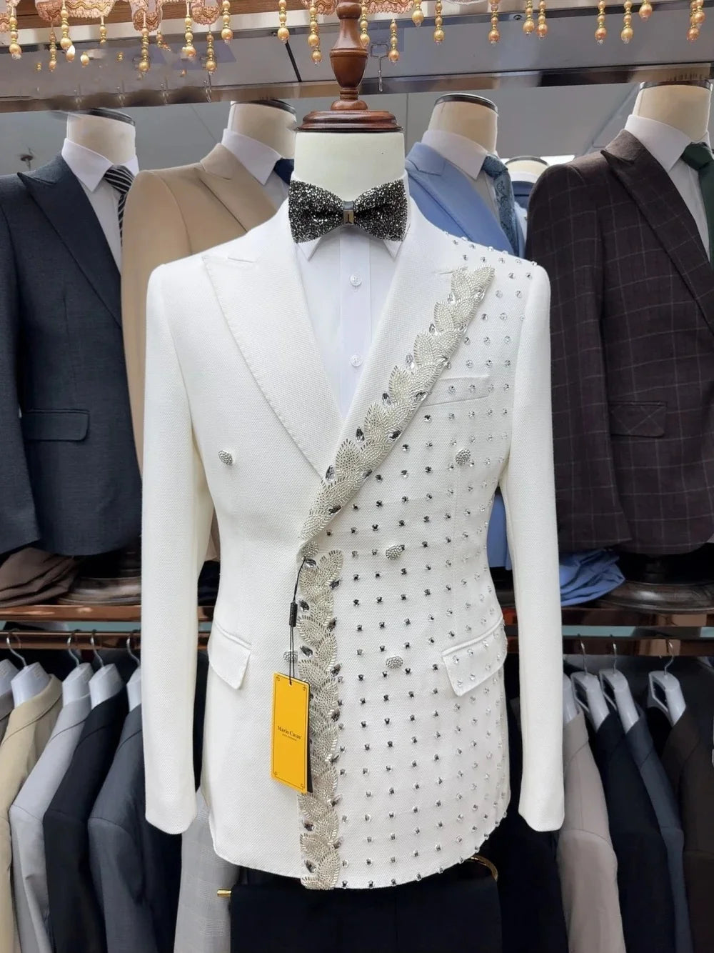 Luxury Men Suits 2 Pieces Set Coat Tailor-Made Peaked Lapel Blazer for Wedding Rhinestone Beading Customized Jacket Black Pants