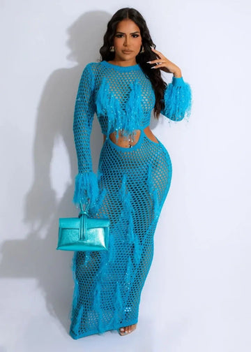 Fashion Women Cover Up Dress Sexy Hollow Out Knit Tassels Holiday Beachwear Long Sleeve Lady Maxi Beach Dresses