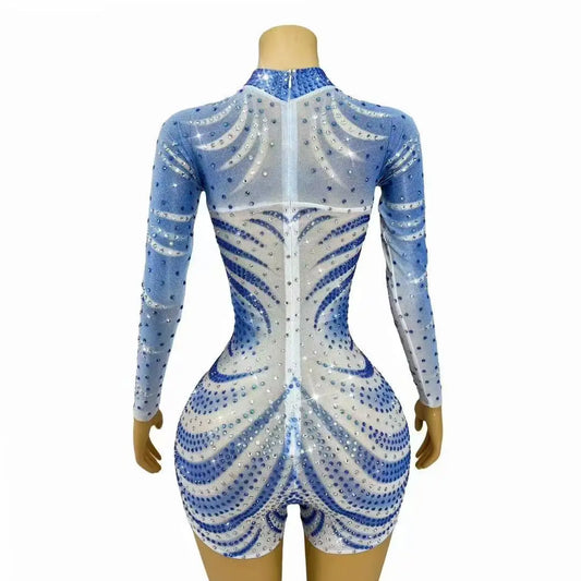 Luxury Handmade Flashing Full Little Rhinestones Mesh Bodysuit Party Show Leotard Rompers Stage Performance Pole Dance Costume