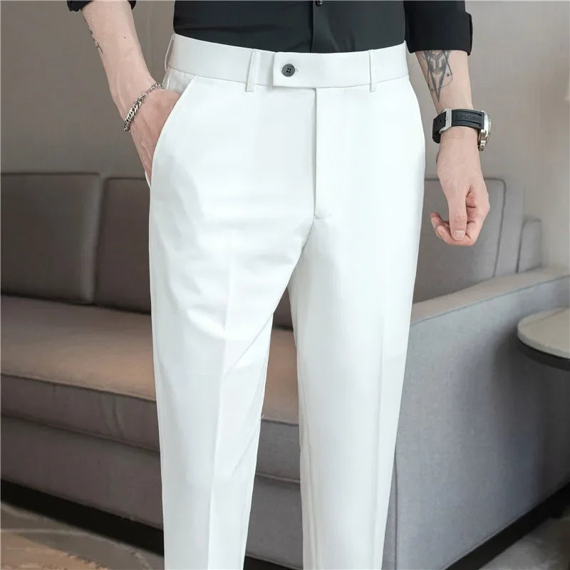 Thin White Elastic Nine Cent Suit Pants for Men,gray Blue Four-side Elastic Comfortable Drape Men's Casual Trousers