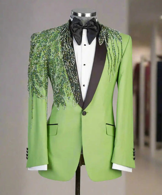Unique Men's Suit Beading Shawl Lapel Blazer 2 Pieces Set Outfits Rhinestone Coat Prom Formal Occasion Customized Jacket Pants