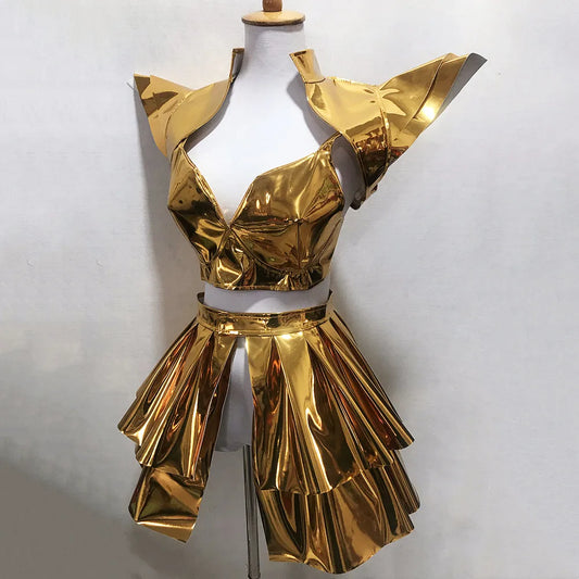 Gold Silver Laser Leather Armor Mini Skirt Dance Outfit Bar Nightclub Gogo Dancer Sexy Stage Wear Jazz Team Performance Costume