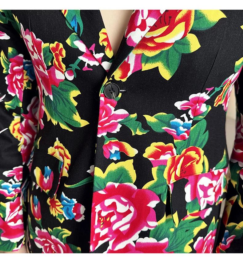 Traje de 2 piezas para hombre, estilo vintage, para fiesta, con estampado de flores grandes, estilo noreste de China, chaqueta y pantalones.