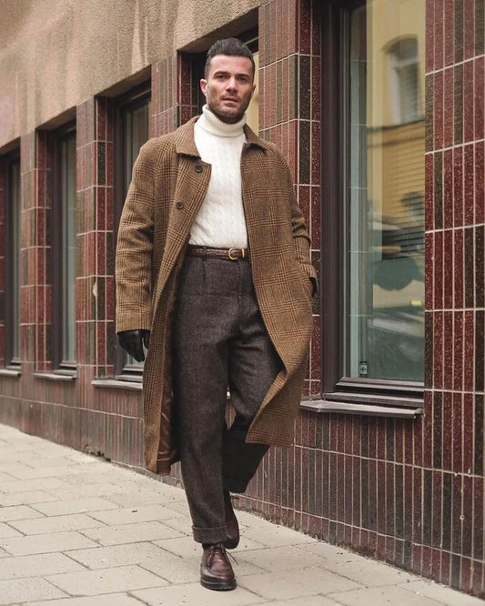 Herringbone Woolen Autumn Long Men's Coat Tuxedos Single Breasted Groom Wear Business Party Coats Only Blazer Customized