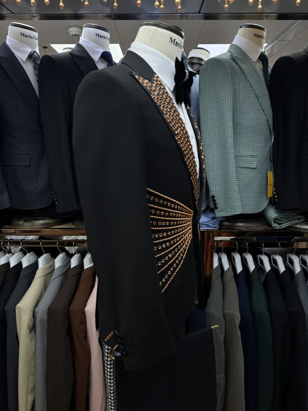 Celebrity Golden Rhinestones Men's Suit Customized Single Breasted Handsome Formal Banquet Jacket Vest Pants Groom Wear