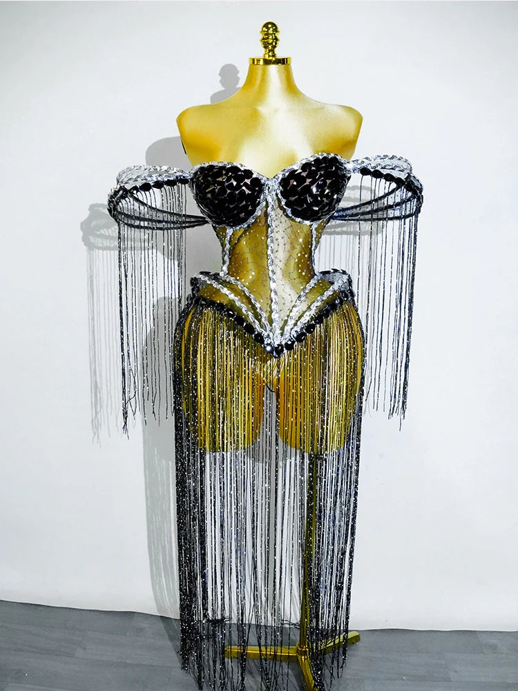 Black Tassel Stage Crystals Sexy Women Nightclub Party Birthday Carnival Crop Tops Wear Singer Performance Costumes