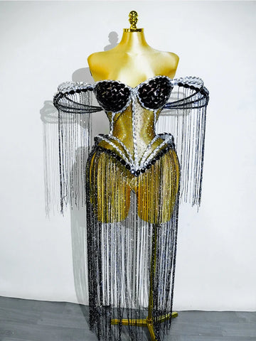 Black Tassel Stage Crystals Sexy Women Nightclub Party Birthday Carnival Crop Tops Wear Singer Performance Costumes