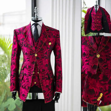 Jacquard Floral Wedding Suits for Groom Notched Lapel Single Breasted Tuxedos 3 Pcs Jacket Pants Pants Evening Party Customized