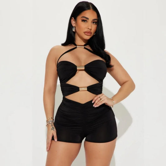 Sexy Hollow Out Women Playsuits Fashion Metal Rings Backless Skinny Rompers Vacation Club Party