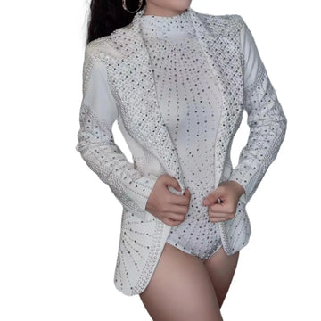 Women Sparkly White Rhinestone Bodysuits Blazer Set Birthday Carnival Rave Festival Outfit Wedding Party Singer Costume