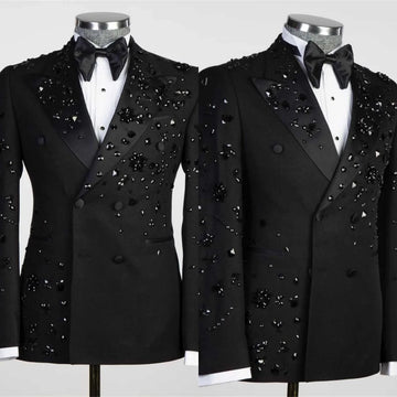 Luxury Men's Suit Coat Peaked Lapel Tuxedos Double Breasted Crystal Groom Wear Business Party Only Blazer Customized