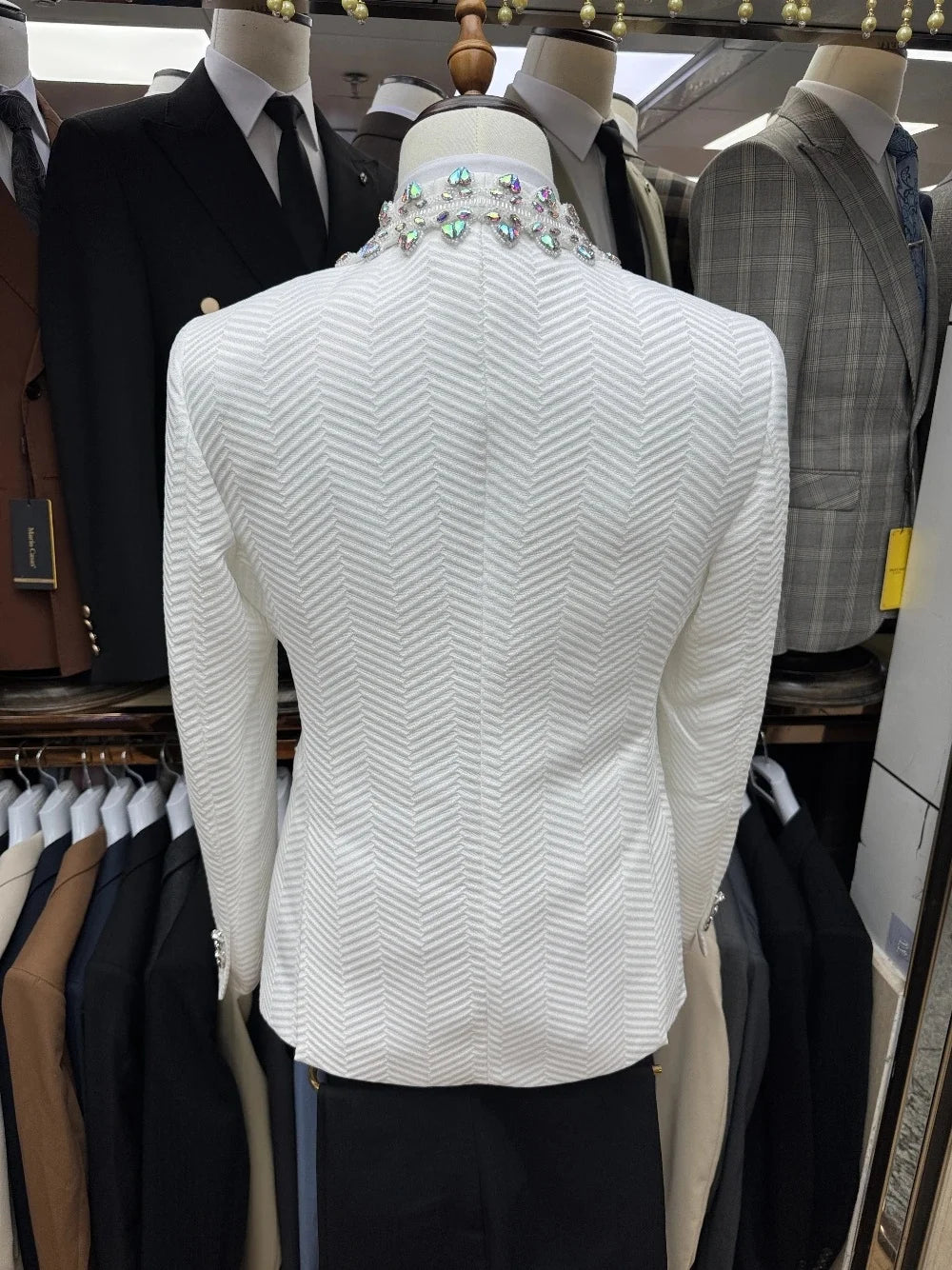Elegant Men Suits Crystal Tailor-Made 3 Pieces Shawl Lapel Jacket Beading Blazer One Button Groom Customized Coat Vest Pants