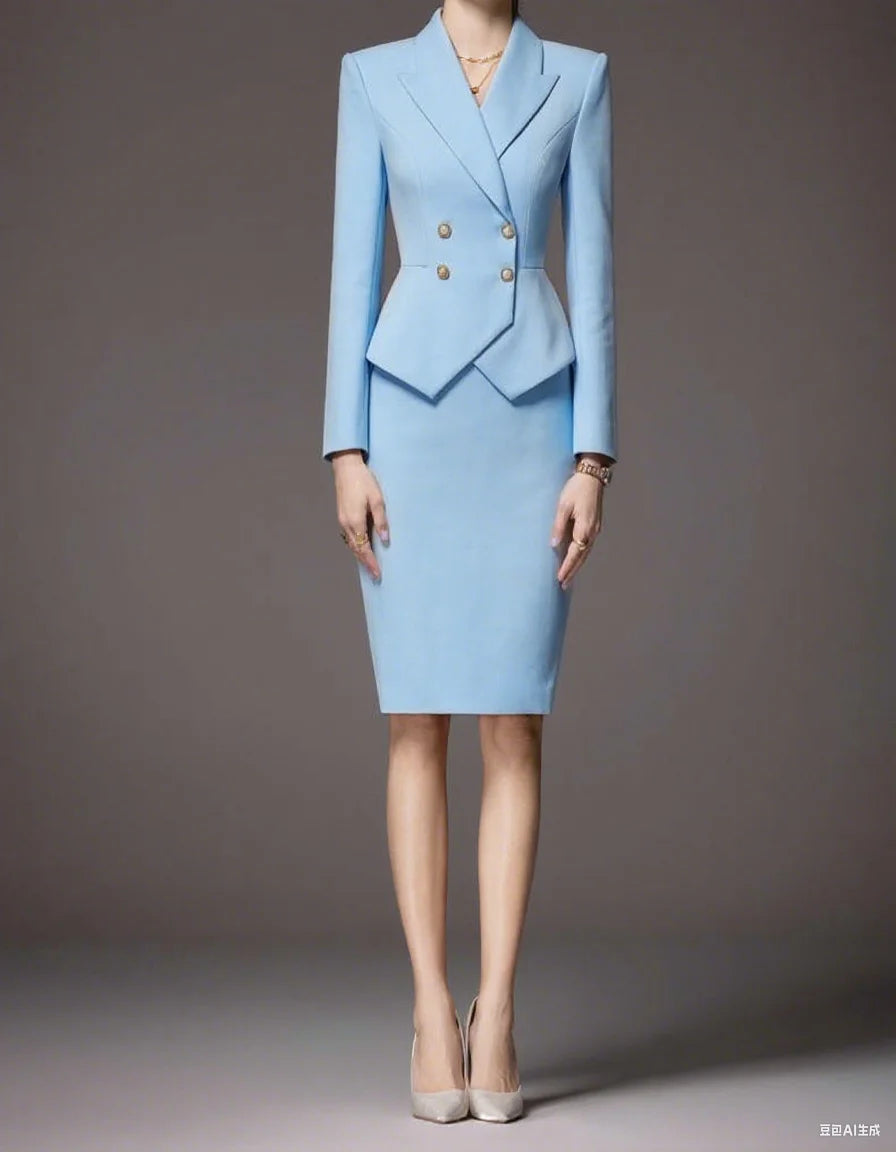 Business Women's Suit Long Sleeves Peak Lapel Lady Set for Wedding Prom Slim Fit 2 Pcs Jacket Skirt Customized