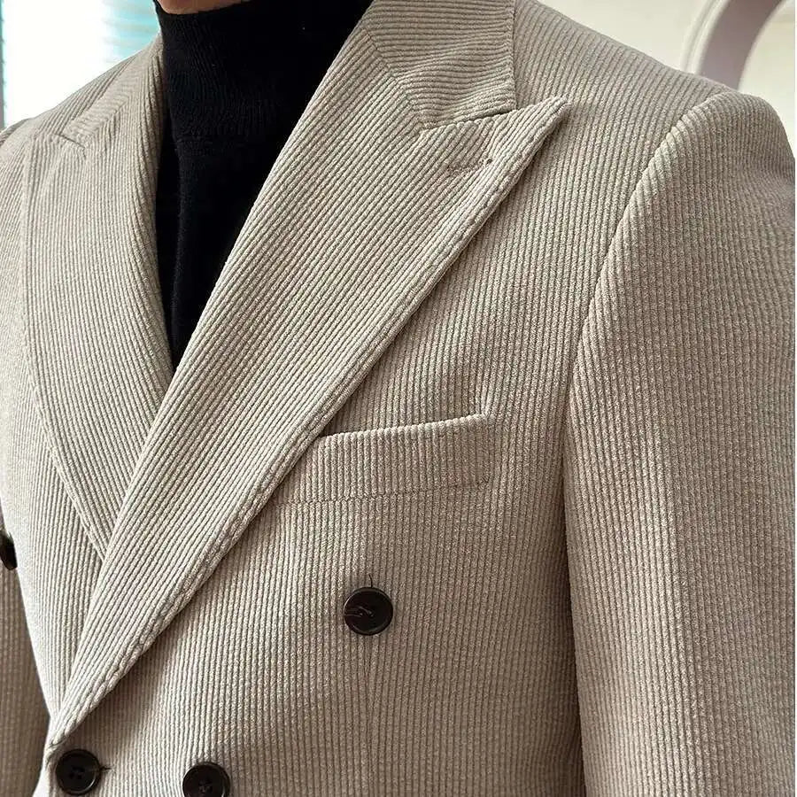 Autumn Thick Corduroy Groom Men Suit Designers Slim Fit Business Casual Double Breasted Suit Set Trend