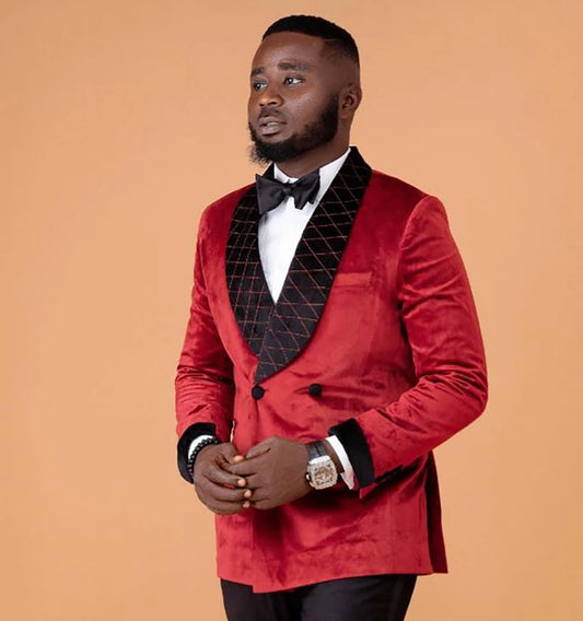 Modern Velvet Men Suit 2 Pieces Red Blazer Tuxedo Single Breasted Lapel Slim Fit Wedding Groom Prom Customized Costume Homme