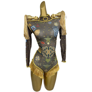 Tassel Epaulettes Rhinestones Stage Leotard Women Showgirl Stage Performance Wear Club Dance Bodysuit