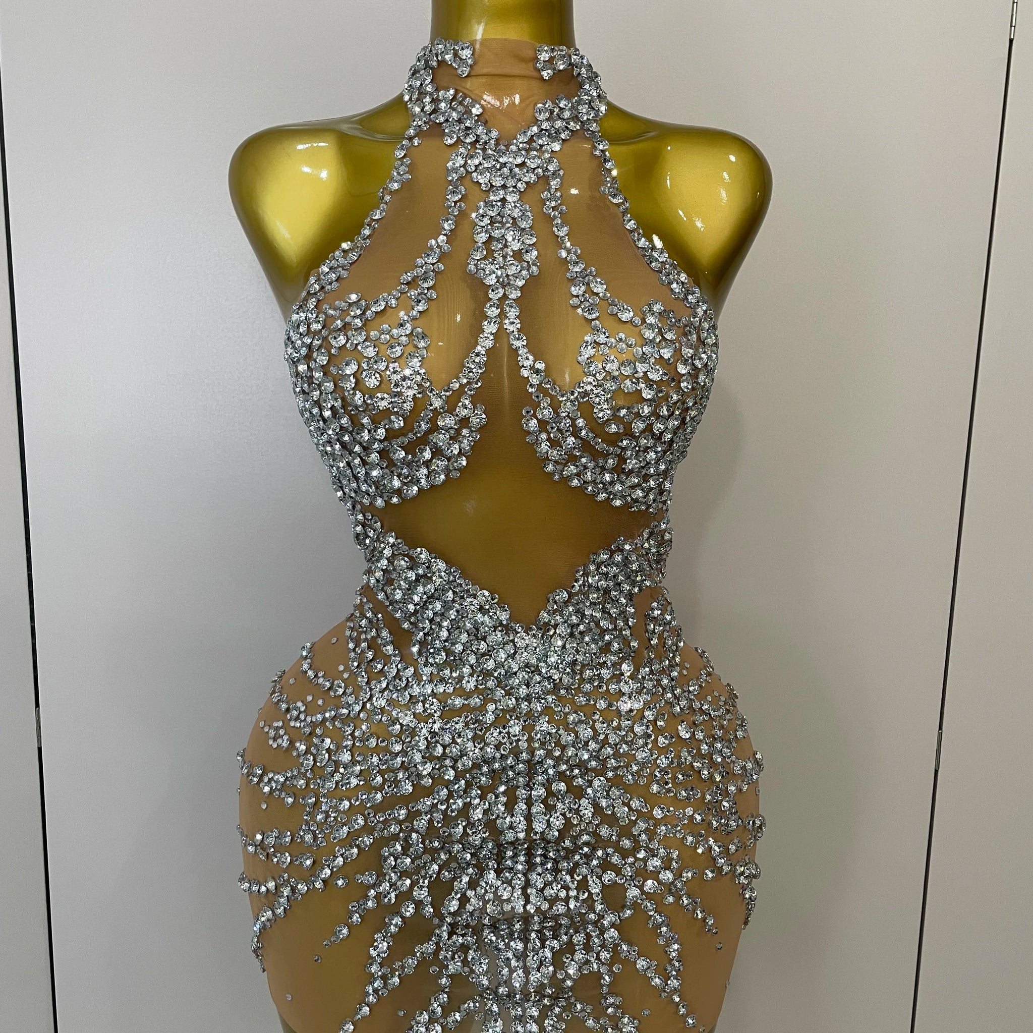 Sparkly Rhinestones Sexy Mesh See Through Dress Party Evening Prom Celebrate Birthday Dress Singer Dancer Show Stage Wear
