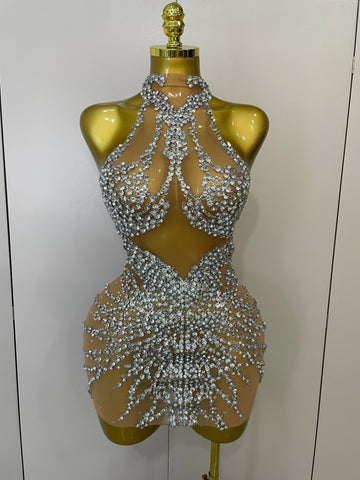 Sparkly Rhinestones Sexy Mesh See Through Dress Party Evening Prom Celebrate Birthday Dress Singer Dancer Show Stage Wear