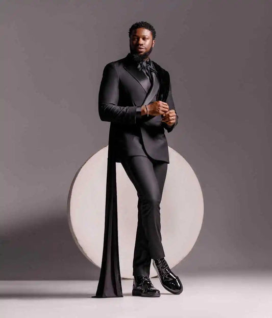 Handsome Man Tuxedos 2 Piece Set Jacket Pants Velvet Ribbon Men Suit Fashion Peaked Lapel  Evening Wedding Groom Customized