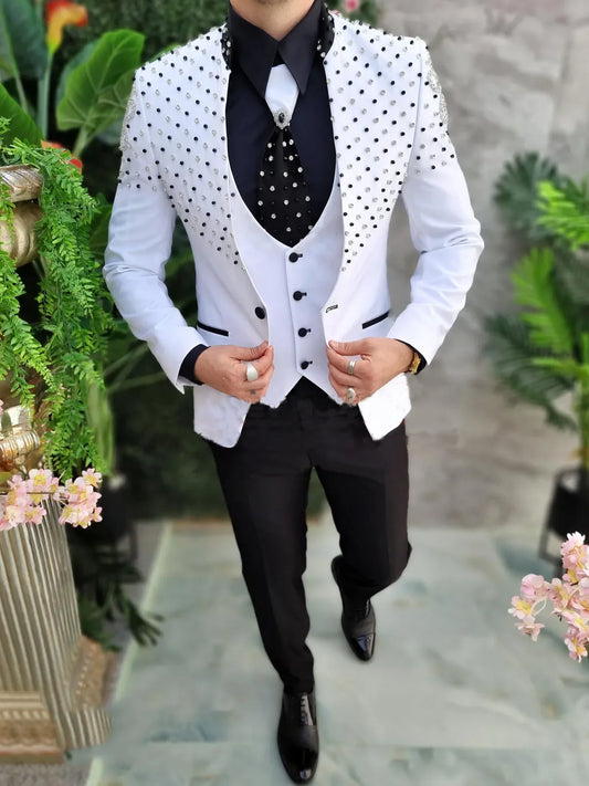 Luxury Men Wedding Suit Crystal Beading Stand Collar Single Breasted Formal Groom Party Wear 3 Pieces Blazer Vest Pant Customed