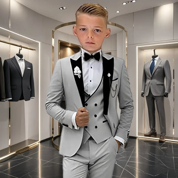 Velvet Collar Suit Set for Kids 3-14 Years, Three-Piece Wedding Suits for Boys, Toddler Suits Tuxedo Blazer Vest Pants Set