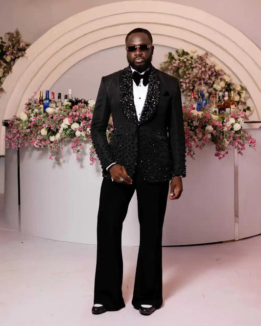 Elegant Rhinestone Men Suits for Wedding Shawl Lapel Single Breasted  Tuxedos Groom Party 2 Pcs Blazer Pants Customized Suit