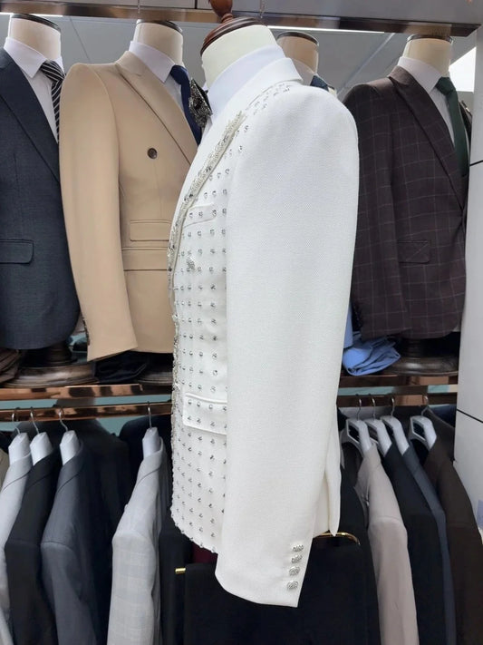 Luxury Men Suits 2 Pieces Set Coat Tailor-Made Peaked Lapel Blazer for Wedding Rhinestone Beading Customized Jacket Black Pants